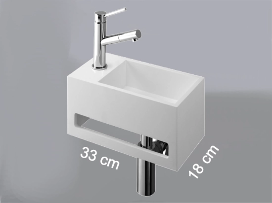 Lave-mains pour toilettes, avec porte serviette, suspendu et compacte, résine Solid-Surface BENESTONE ®, Largeur 33 cm, Profondeur 18 cm, Hauteur 16 cm, Livraison 5-7 jours OFFERTE